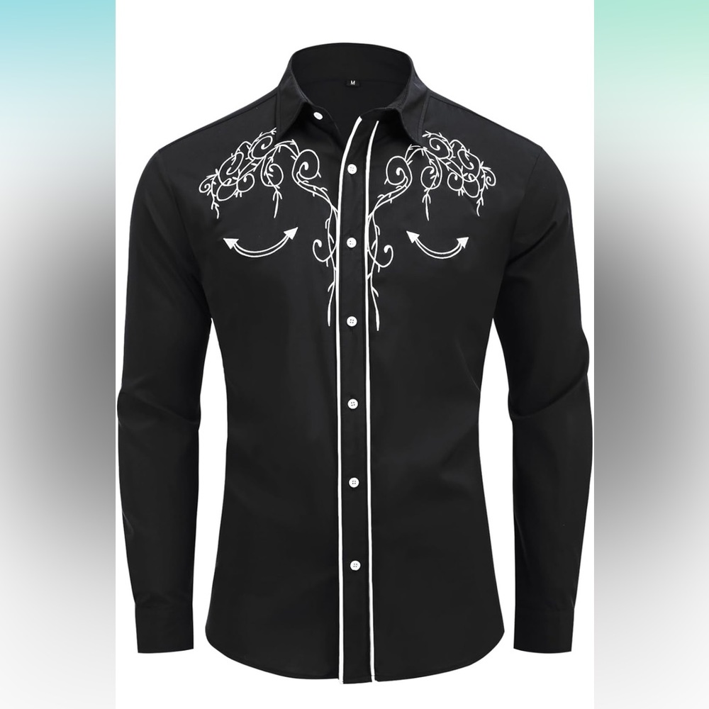 Men's Western Cowboy Shirt Embroidered Long Sleeve Slim Fit M